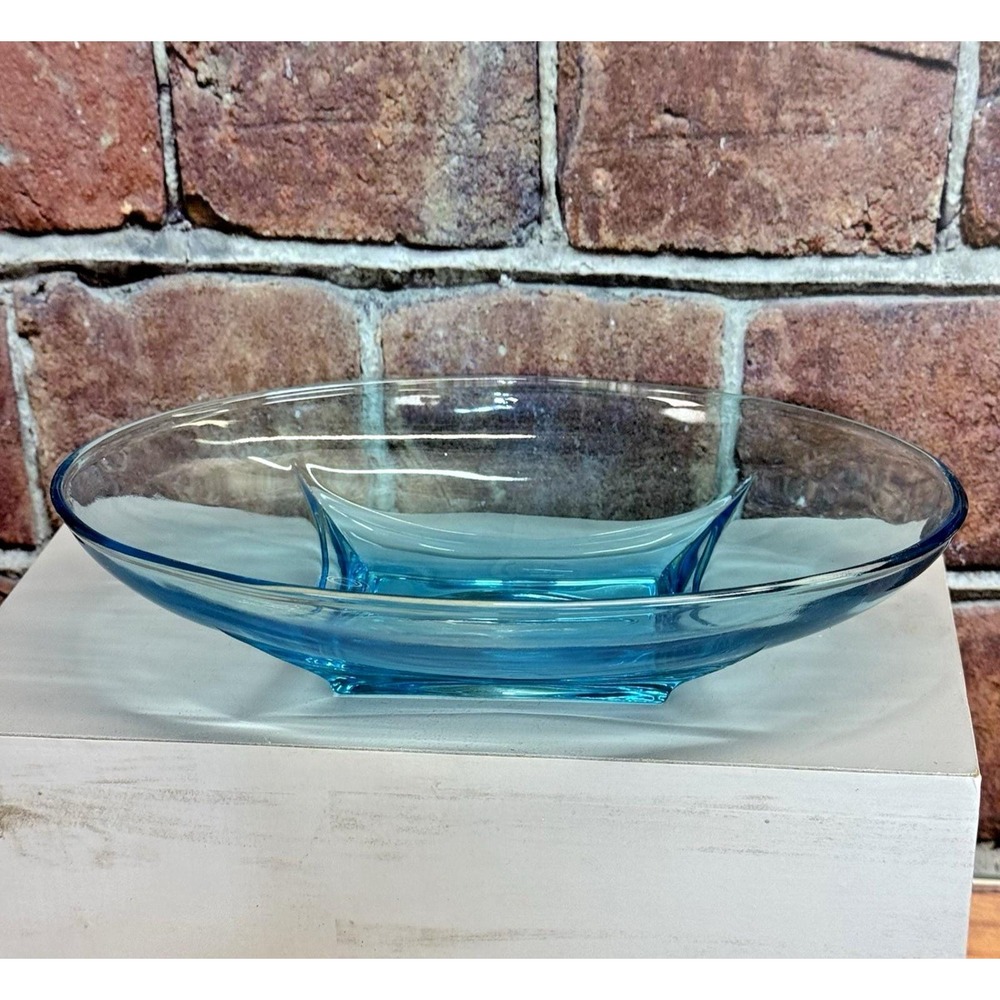 Vintage Hazel Atlas Glass Blue Colony Capri Oval Candy Dish Bowl 1960s‎ UV react